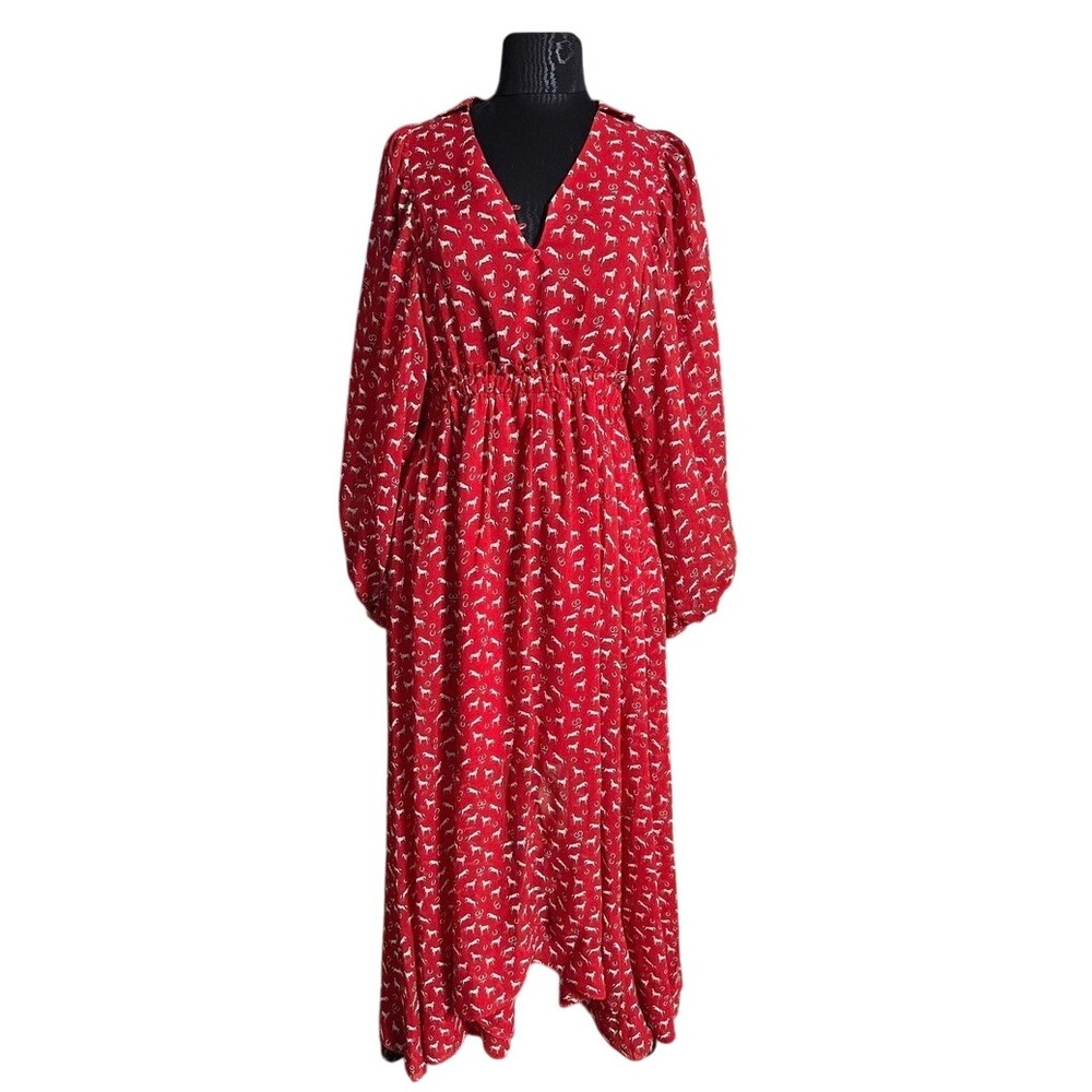 Maje Red Equestrian Horse Print V-Neck Maxi Dress Long Puff Sleeve Size 40